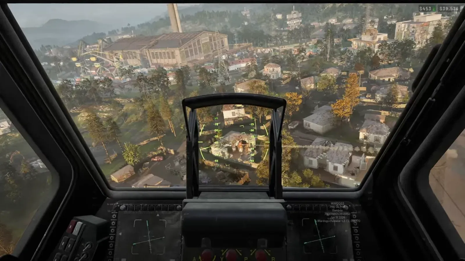 WARDOGS transport helicopter flying over a village