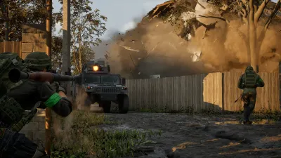 WARDOGS infantry and an armored vehicle advancing through a shelled street