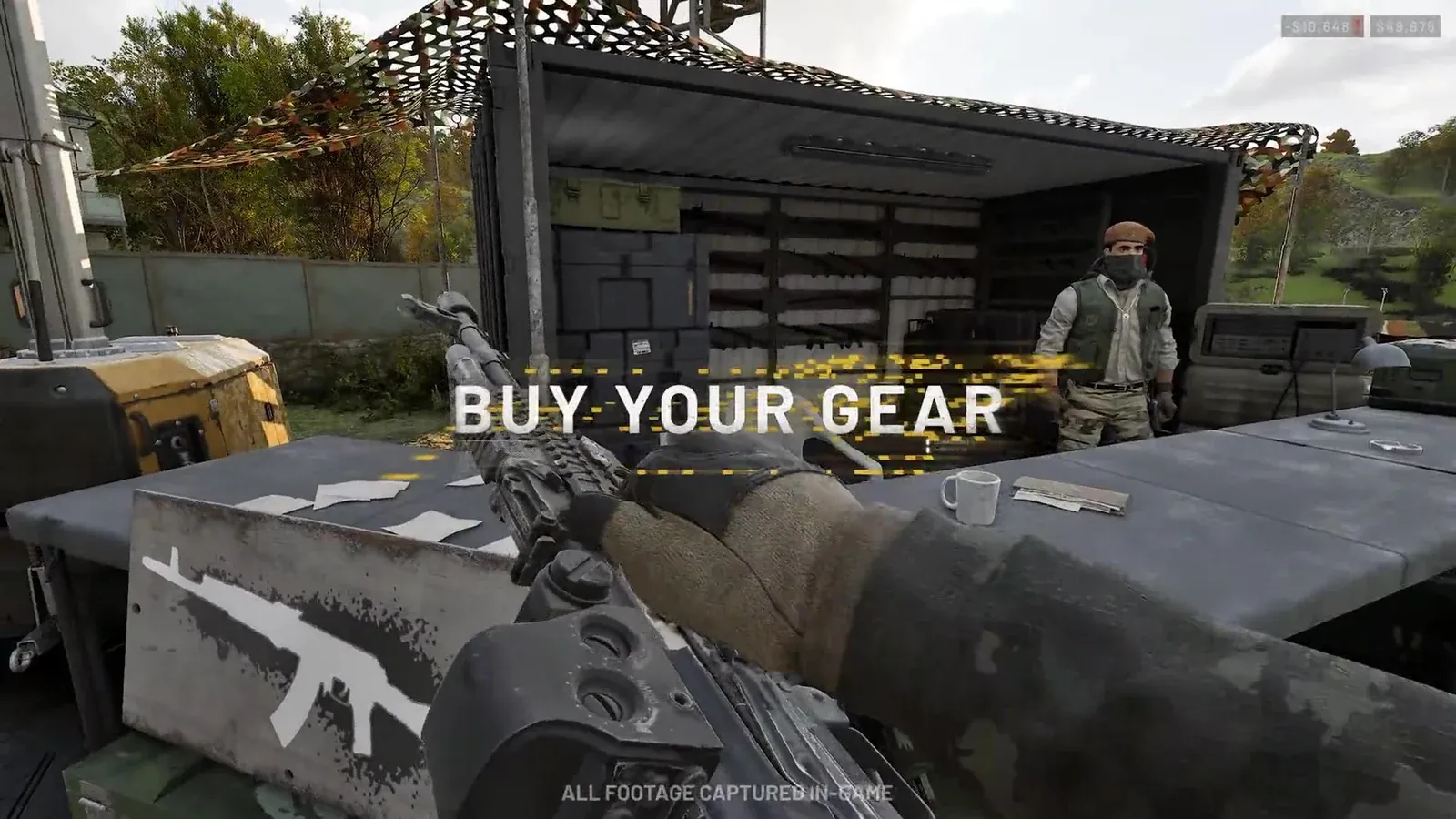 WARDOGS loadout screen with weapons on a wall behind the Buy Your Gear prompt