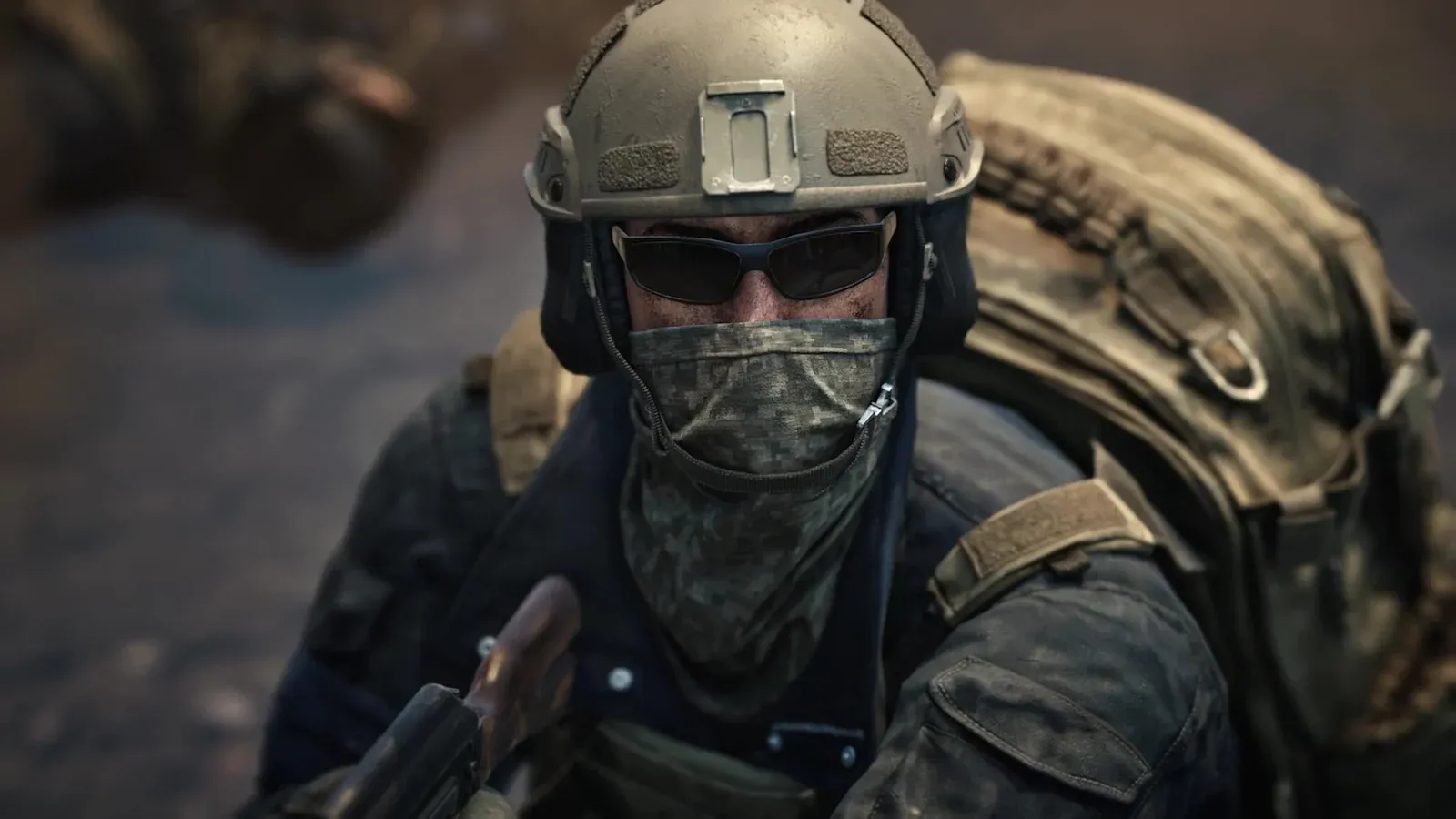 WARDOGS soldier in helmet and mask looking up during a firefight