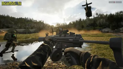 WARDOGS soldier wading through water while a transport helicopter flies overhead