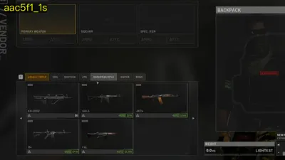 WARDOGS equipment vendor interface listing weapons, armour and magazines