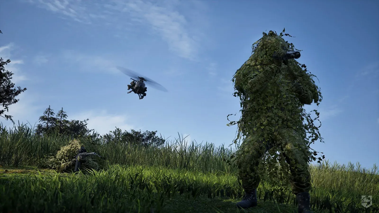 WARDOGS ghillie squad preparing near a helicopter