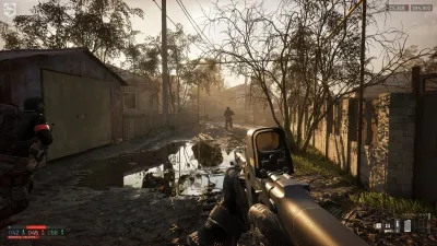 WARDOGS squad moving through a village with an optic-equipped weapon