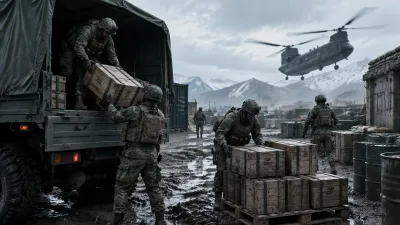 Soldiers unloading ammunition crates at a forward base while a helicopter lifts off