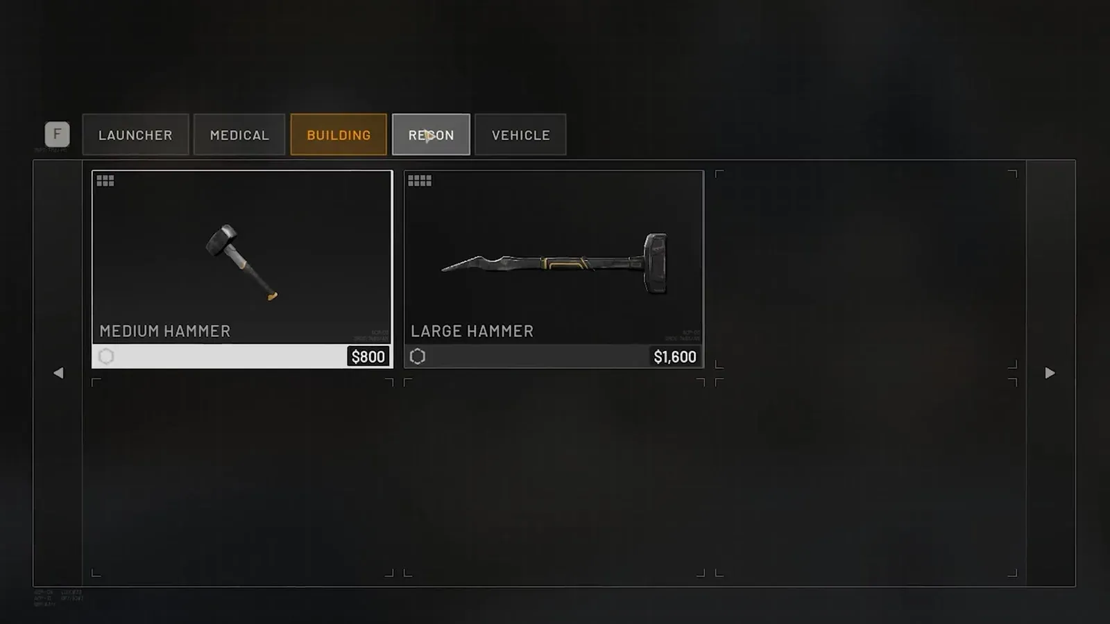 WARDOGS build menu showing launcher and hammer costs