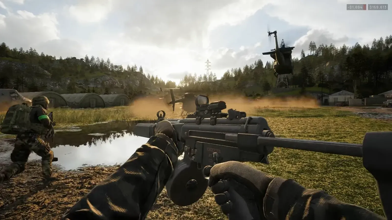 WARDOGS soldiers wading forward while a transport helicopter passes overhead
