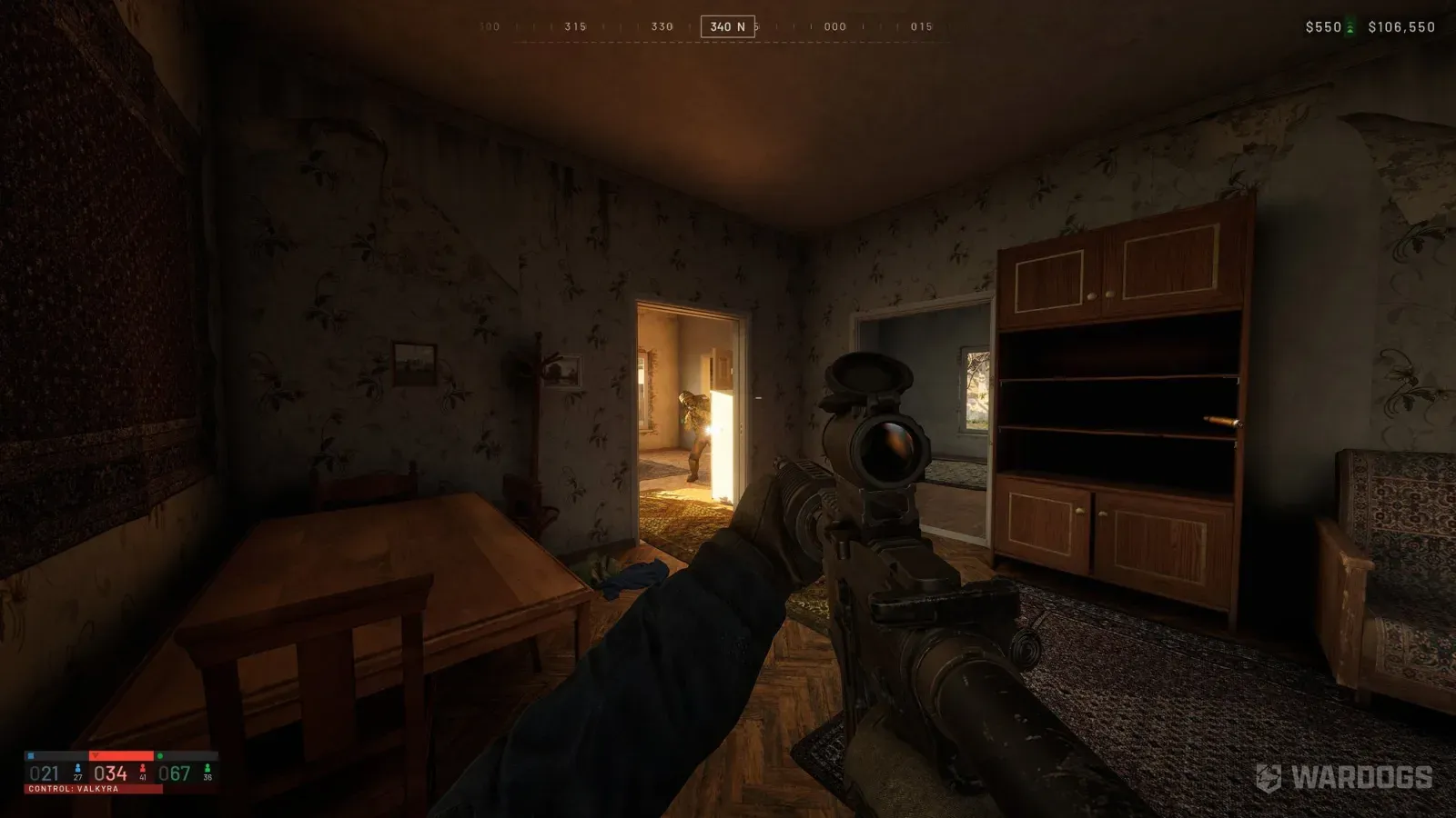 WARDOGS player aiming a scoped rifle during a close indoor fight