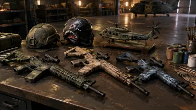 Three rifles with different camouflage patterns and a helicopter model on a workbench