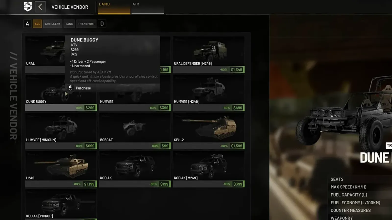 The WARDOGS vehicle vendor listing vehicles and unlock prices