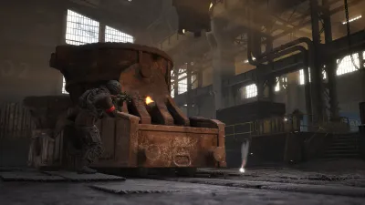 WARDOGS player firing a rifle from behind wrecked machinery in an industrial hall