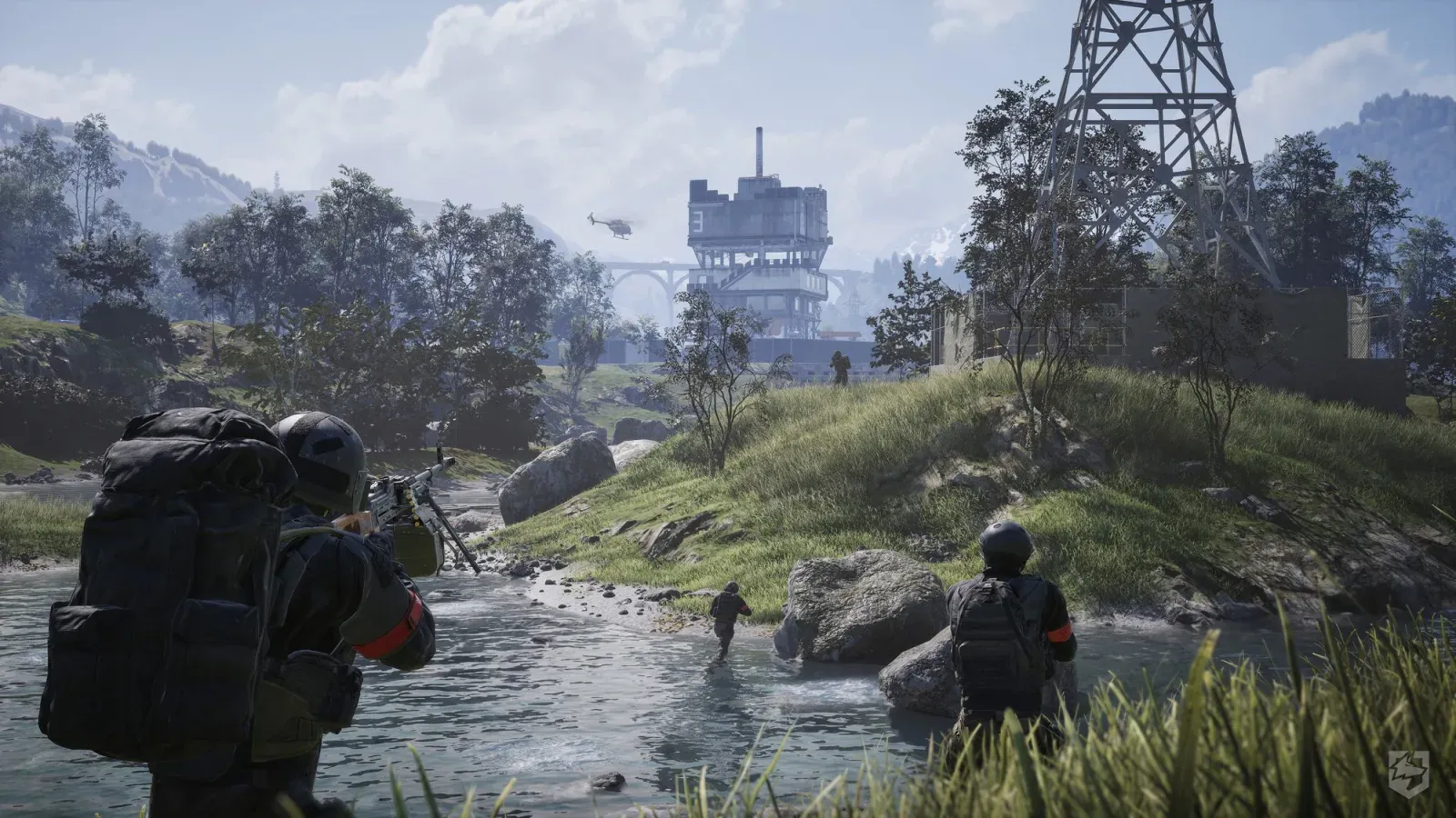 WARDOGS squad advancing across a river while an LMG covers the approach